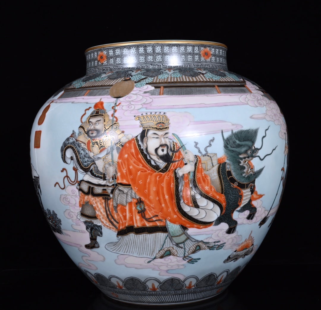 An Exquisite Ink Color Iron-Red Painted Gold Character and Story Pattern Jar: An Exquisite Ink Color Iron-Red Painted Gold Character and Story Pattern Jar,Qing Dynasty,China,Qianlong Six-character Mark,Size:13.4inx13.8in 
