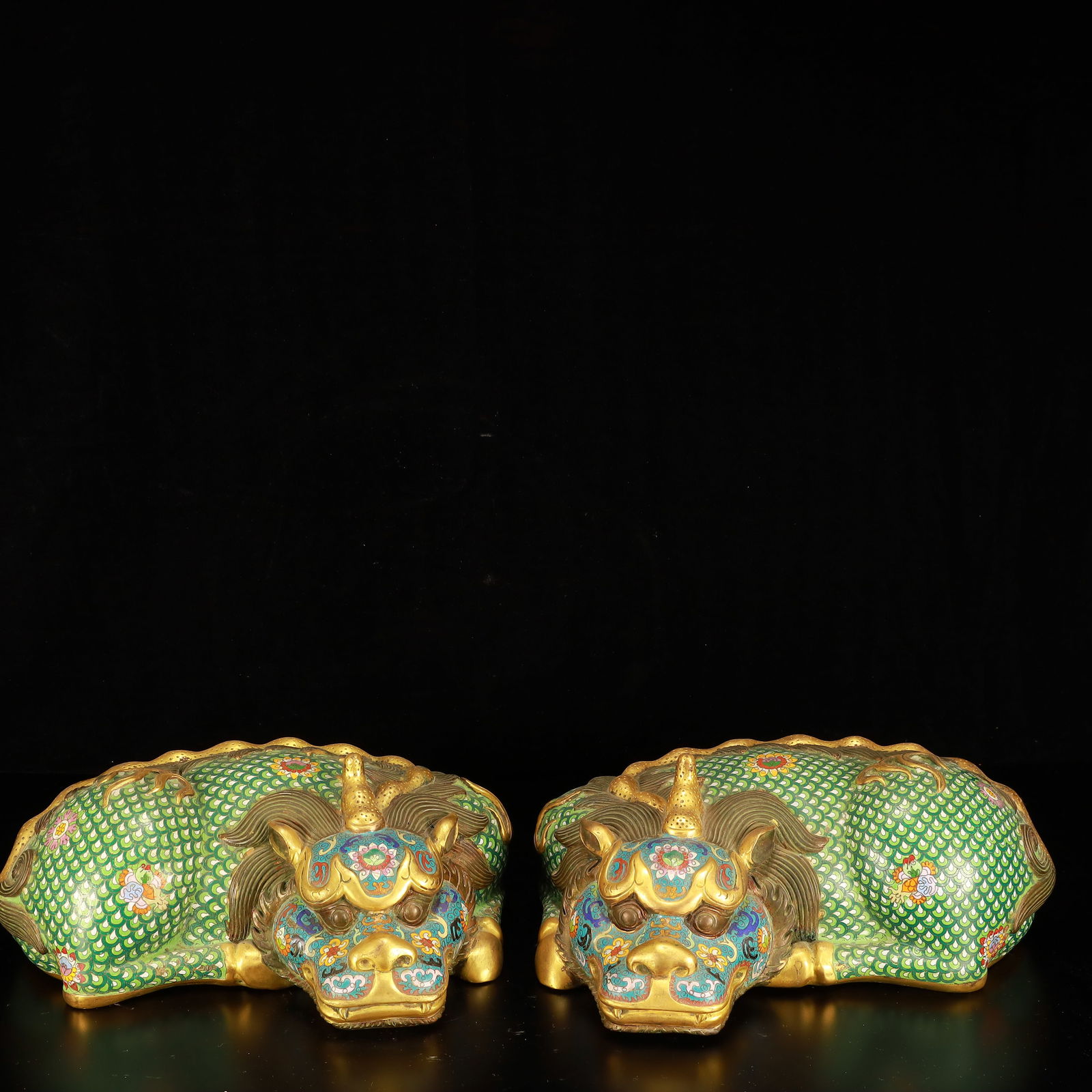 A Pair of Exquisite Cloisonne Flower Pattern Unicorn Ornament: A Pair of Exquisite Cloisonne Flower Pattern Unicorn Ornament,(A type of enamelware with metal wires separating colored glaze, originating in China),Qing Dynasty,China,Qianlong Six-character