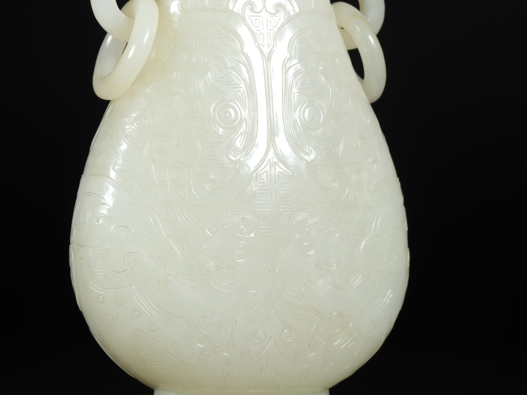An Exquisite White Jade Chi-Dragon Pattern Phoenix-Ears Bottle - 6