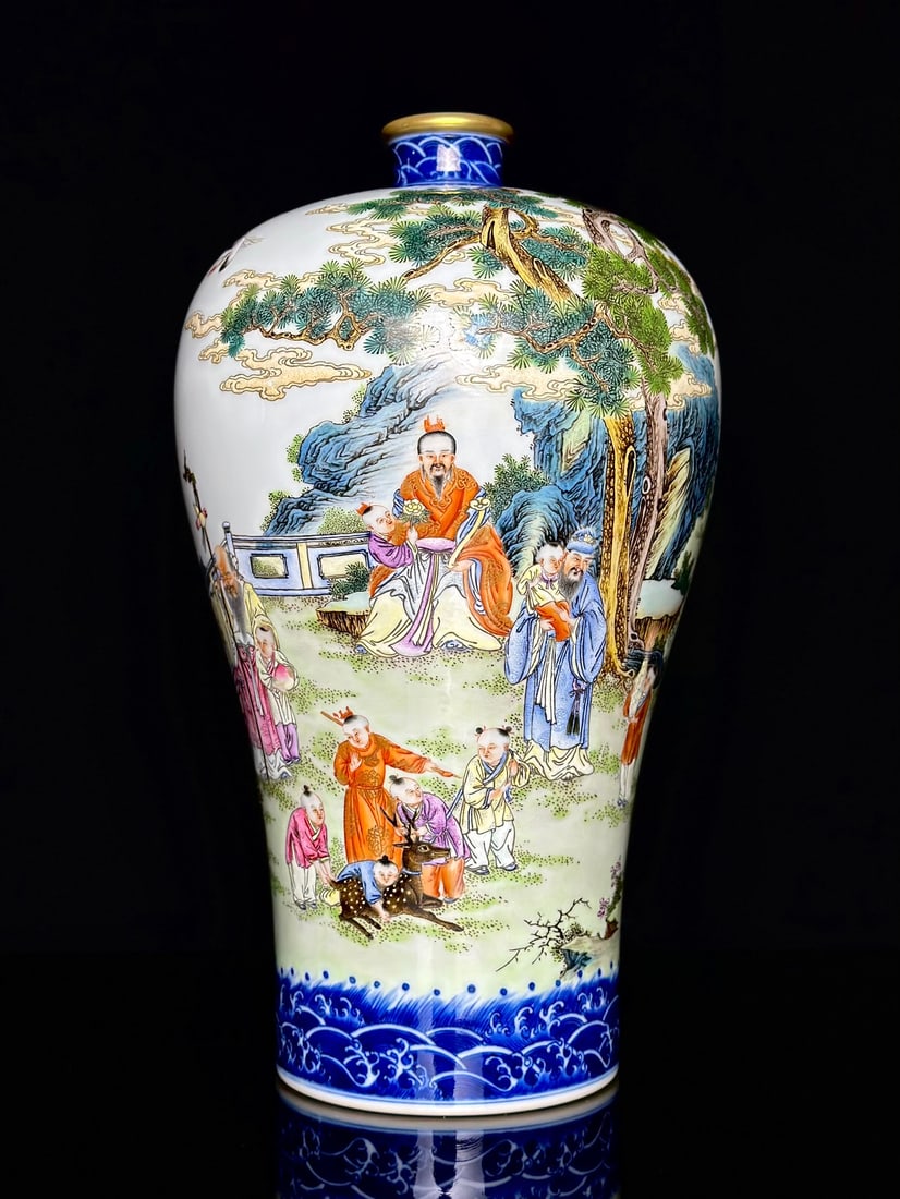An Exquisite Blue and White Enamel Painted Gold Character and Story Pattern Vase: An Exquisite Blue and White Enamel Painted Gold Character and Story Pattern Vase,Qing Dynasty,China,Yongzheng Six-character Mark,Size:12.3inx7in 