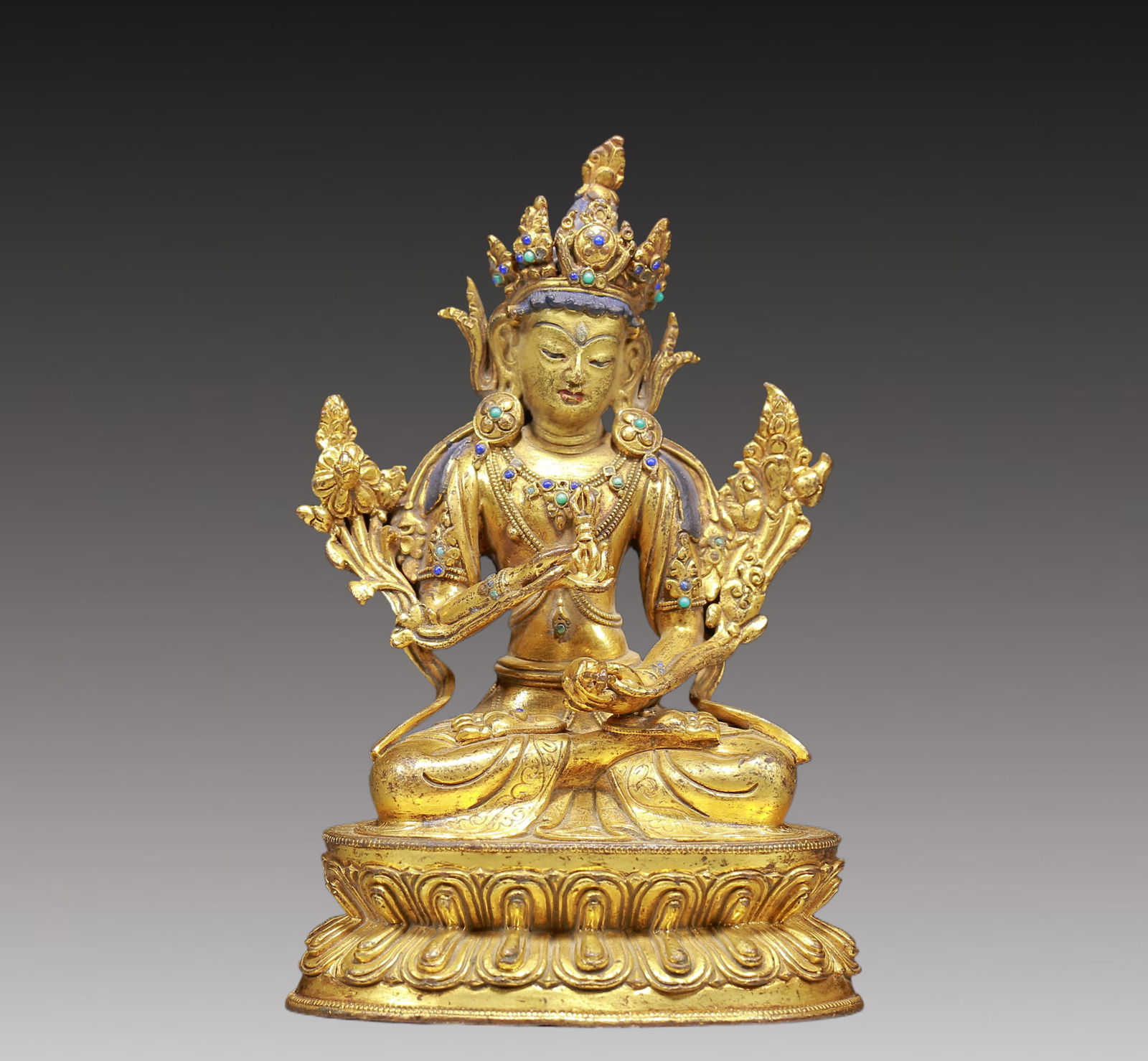 A Solemn Gilt Bronze Inlaid Turquoise Statue of Manjusri: A Solemn Gilt Bronze Inlaid Turquoise Statue of Manjusri,Ming Dynasty, China,Size:2.8inx2inx5.5in,Weight:590g 