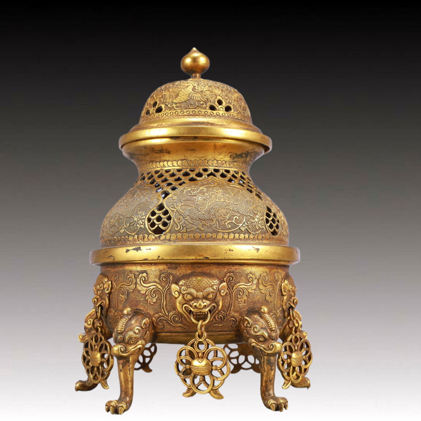A Rare Gilt Bronze Dragon Pattern Beast-legs Censer: A Rare Gilt Bronze Dragon Pattern Beast-legs Censer,Qing Dynasty, China,Size:5.1inx7.9in,Weight:950g 