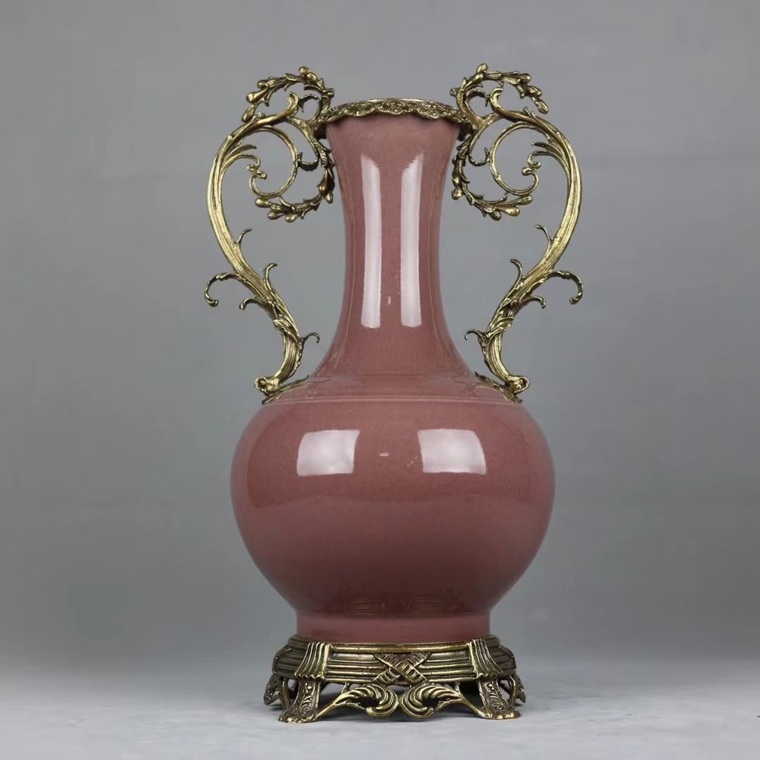 A Huge Peach Bloom Glazed Inlaid Bronze Double-Ears Vase: A Huge Peach Bloom Glazed Inlaid Bronze Double-Ears Vase,Qing Dynasty,China,Kangxi Six-Character Mark,Size:18.1inx10.2in 