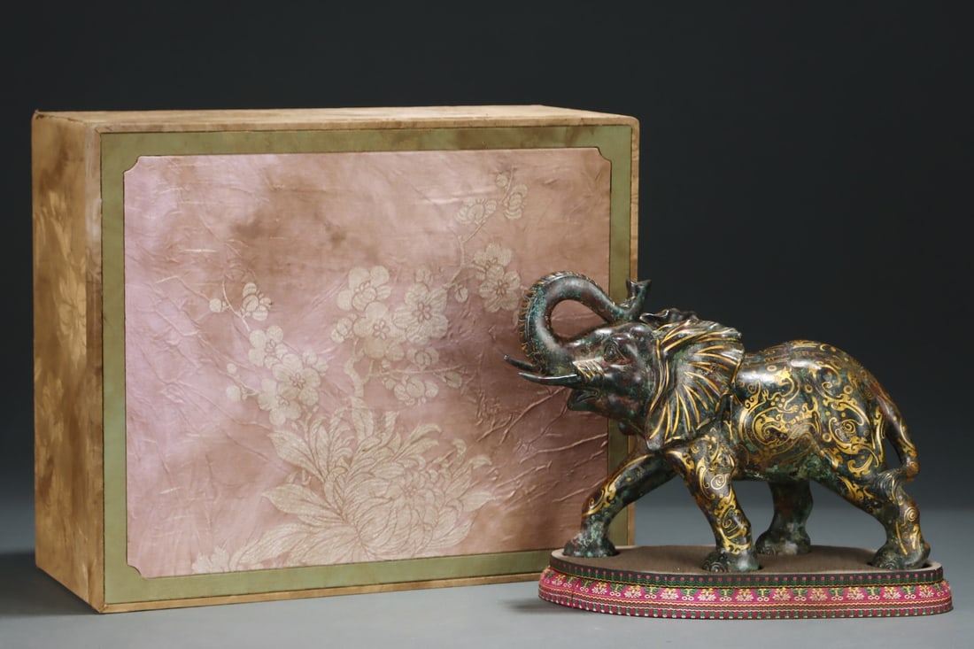 An Exquisite Bronze Inlaid Gold Elephant Ornament,with Inscription: An Exquisite Bronze Inlaid Gold Elephant Ornament,with Inscription,Size:8.1inx11.2in,Qing Dynasty,China 