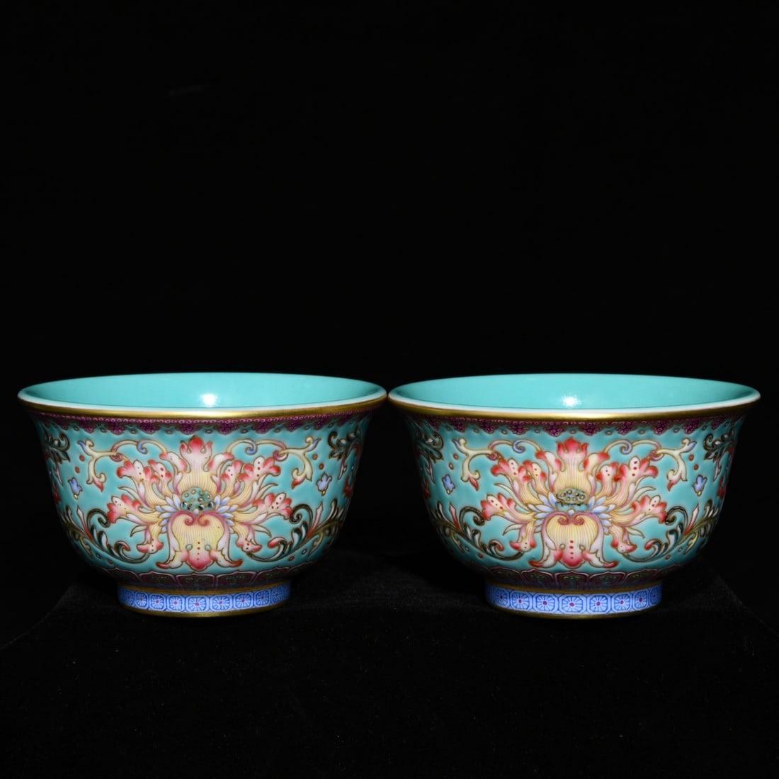 A Pair of Exquisite Turquoise Glazed Famille-Rose Lotus Pattern Cups: A Pair of Exquisite Turquoise Glazed Famille-Rose Lotus Pattern Cups,Qing Dynasty,China,Yongzheng Four-character Mark,Size:2inx3.4in 