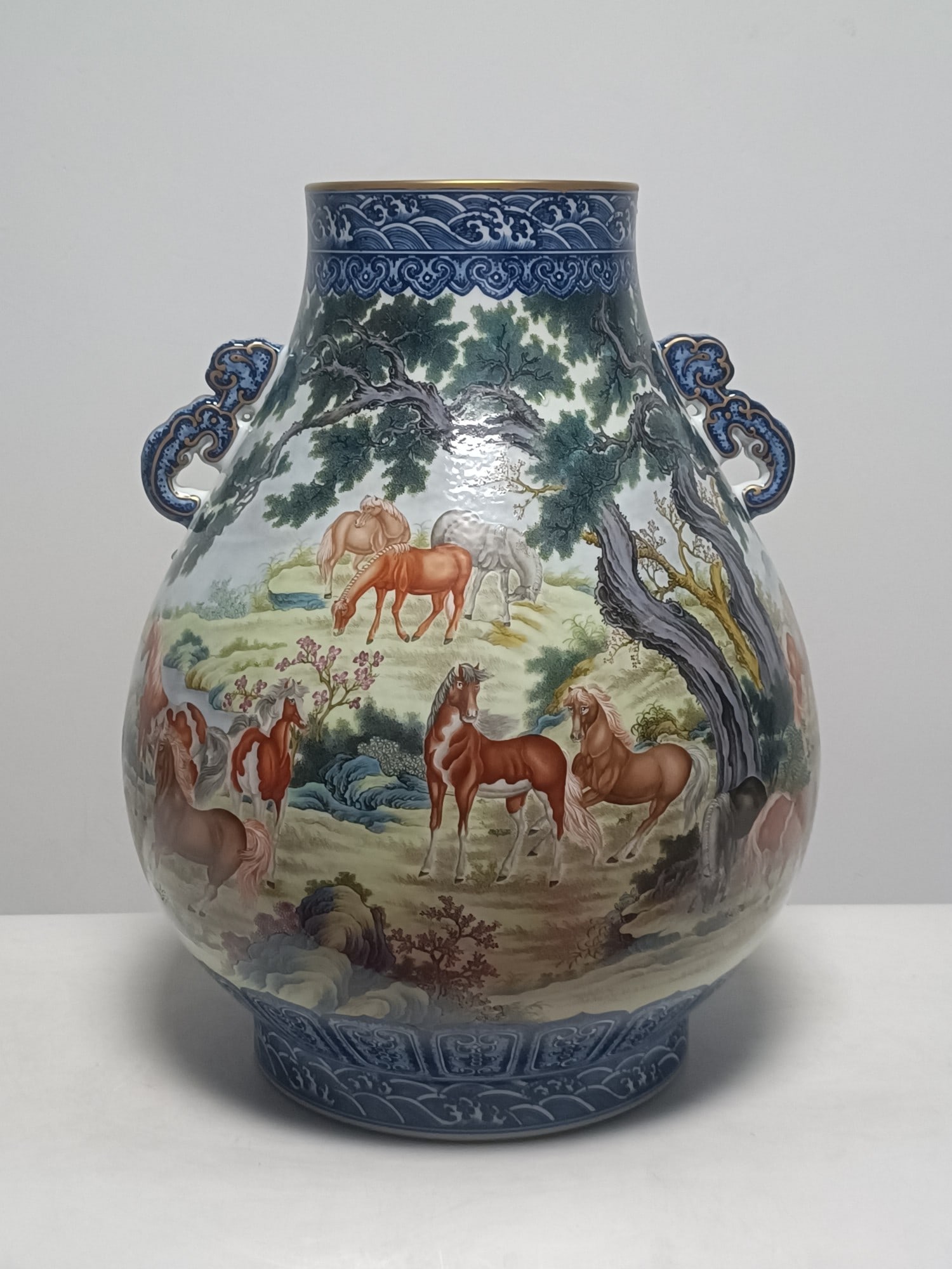 An Exquisite Blue and White Famille-Rose Pine and Horse Pattern Double-Ears Jar: An Exquisite Blue and White Famille-Rose Pine and Horse Pattern Double-Ears Jar,Qing Dynasty,China,Qianlong Six-character Mark,Size:19.2inx15.7in 
