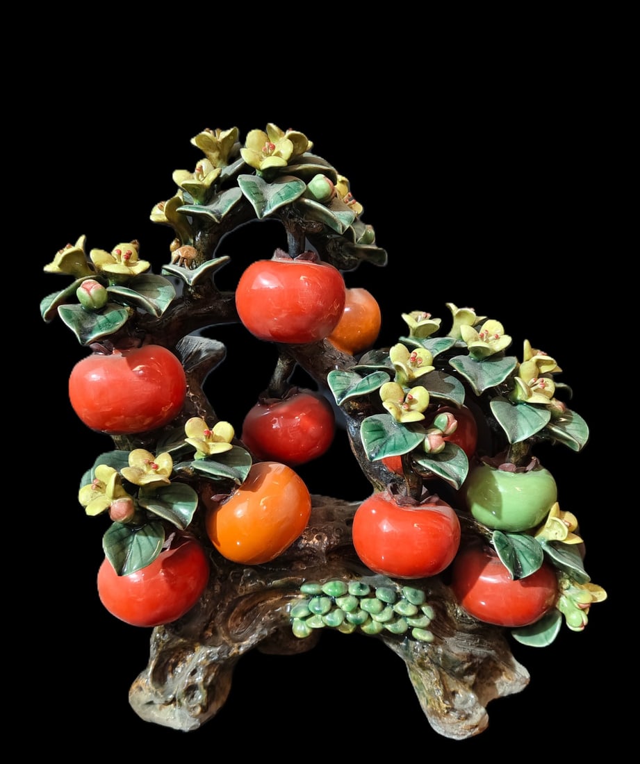 A Huge Shiwan yao Persimmon Ornament: A Huge Shiwan yao Persimmon Ornament,Qing Dynasty, China,Size:14.6inx7.9inx15.7in 石湾窑柿子摆件,中国清代