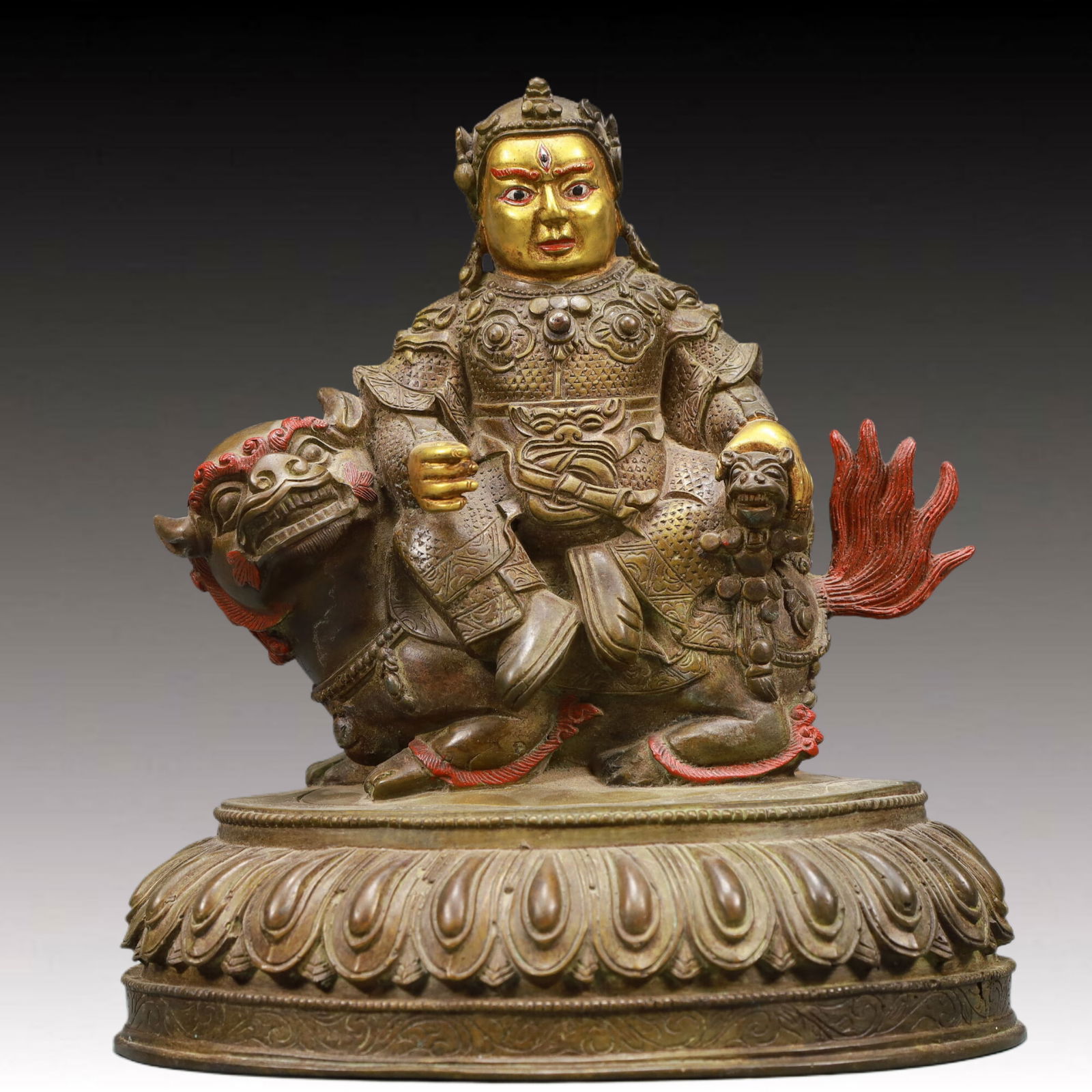 A Solemn Gilt Bronze Statue of Mammon Rides the Lion: A Solemn Gilt Bronze Statue of Mammon Rides the Lion,Qing Dynasty, China,Size:7.9inx5.5inx8.7in Weight:2450g 