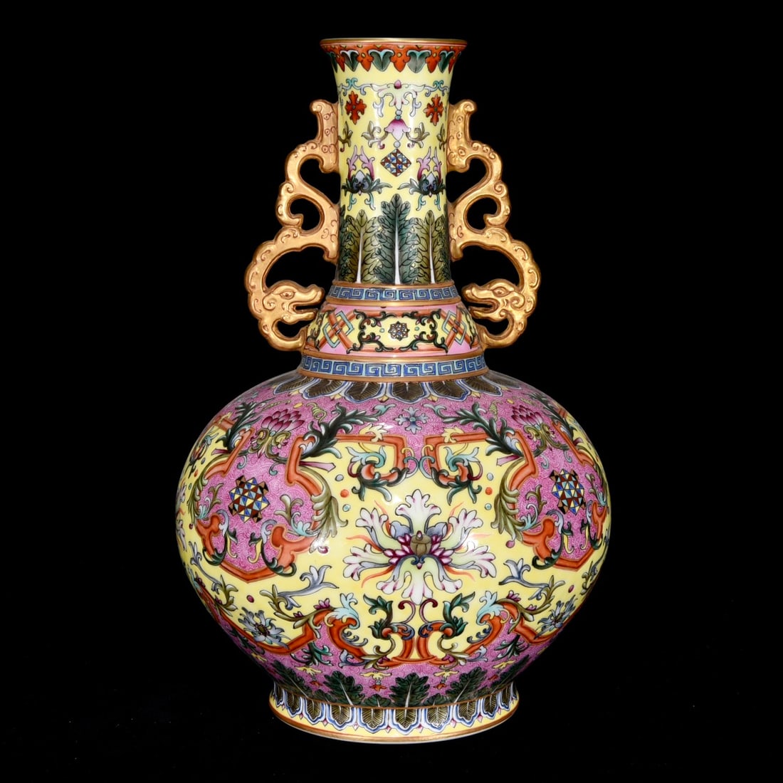 A Rare Enamel Lotus Pattern Double-Ears Vase: A Rare Enamel Lotus Pattern Double-Ears Vase,Qing Dynasty,China,Qianlong Six-Character Mark,Size:12.6inx8.3in 