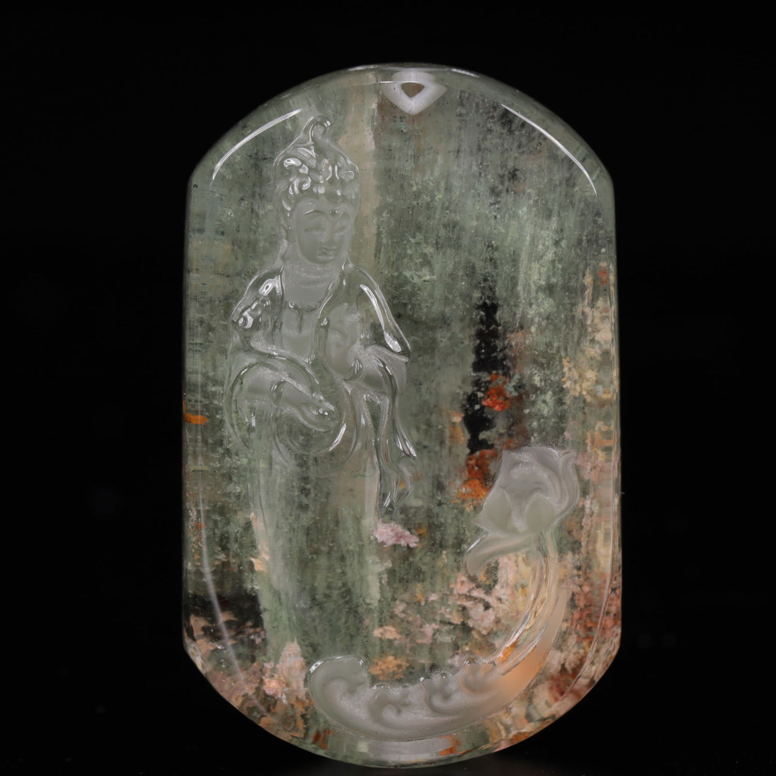 An Exquisite Crystal Statue of Avalokitesvara Pendant: An Exquisite Crystal Statue of Avalokitesvara Pendant,Size:1.6inx0.6inx2.4in,Weight:78g 水晶观音挂件