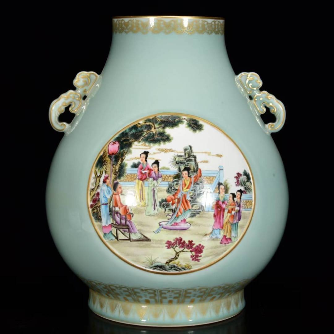 An Exquisite Celadon Glazed Famille-Rose Character and Story Pattern Double-Ears Jar: An Exquisite Celadon Glazed Famille-Rose Character and Story Pattern Double-Ears Jar,Qing Dynasty,China,Qianlong Six-character Mark,Size:18.1inx14.2in 