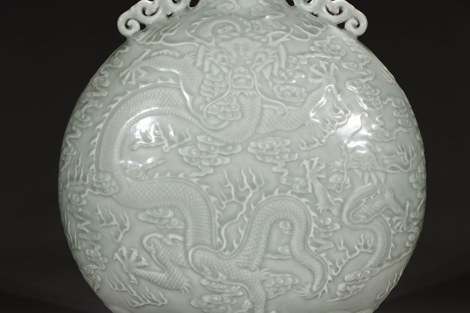 An Exquisite Celadon Glazed Auspicious Cloud and Dragon Pattern Double-Ears Vase - 4
