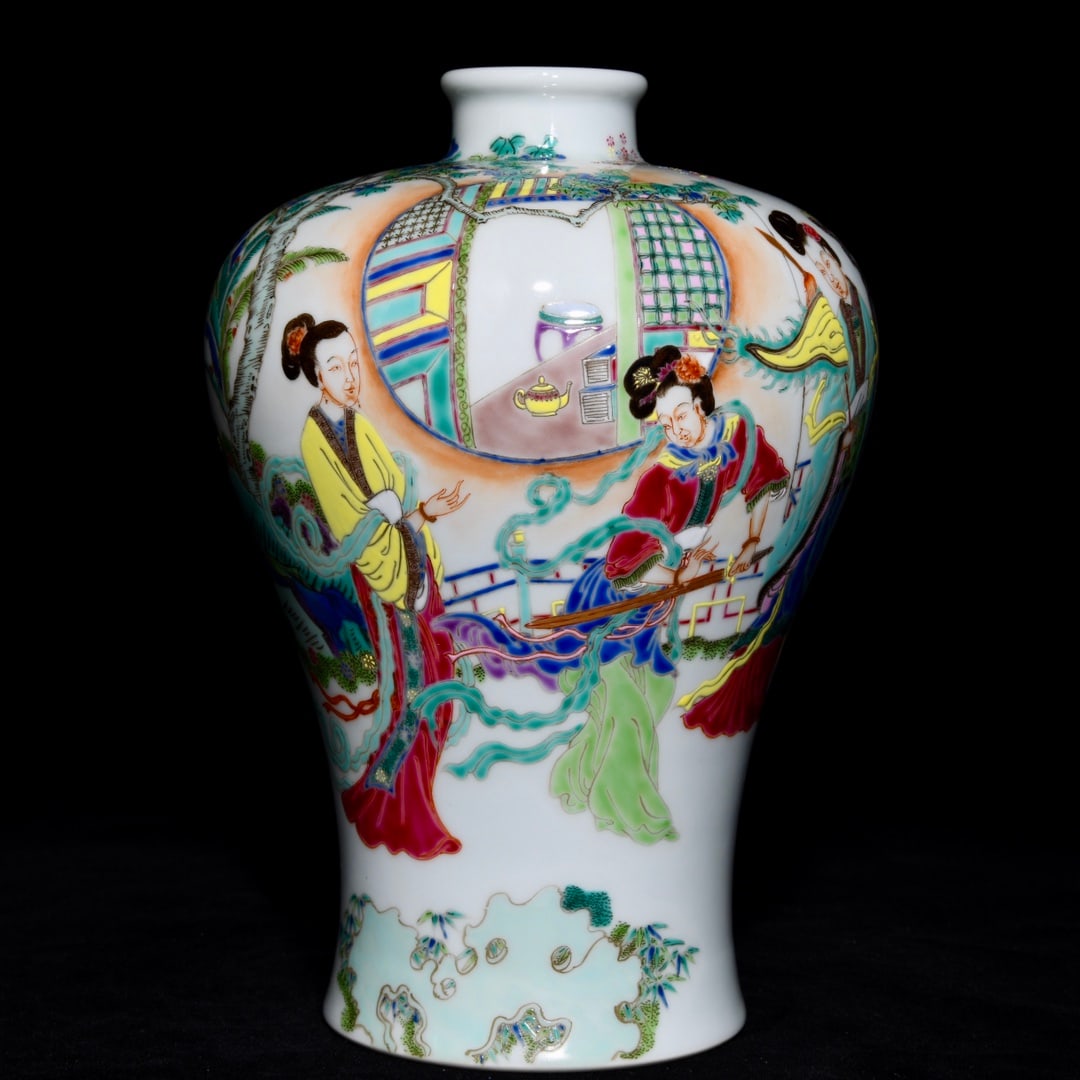 An Exquisite Famille-Rose Character and Story Pattern Vase: An Exquisite Famille-Rose Character and Story Pattern Vase,Qing Dynasty,China,Yongzheng Six-character Mark,Size:9.3inx6.3in 