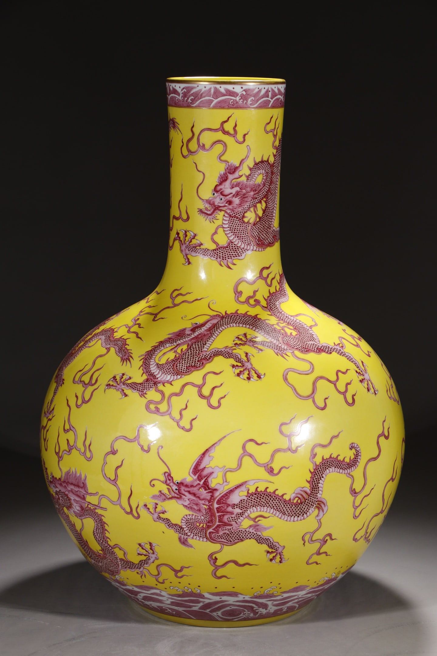 An Exquisite Yellow Ground Ruby red-Glazed Auspicious Cloud and Dragon Pattern Vase: An Exquisite Yellow Ground Ruby red-Glazed Auspicious Cloud and Dragon Pattern Vase,Qing Dynasty,China,Qianlong Six-character Mark,Size:23.2in 