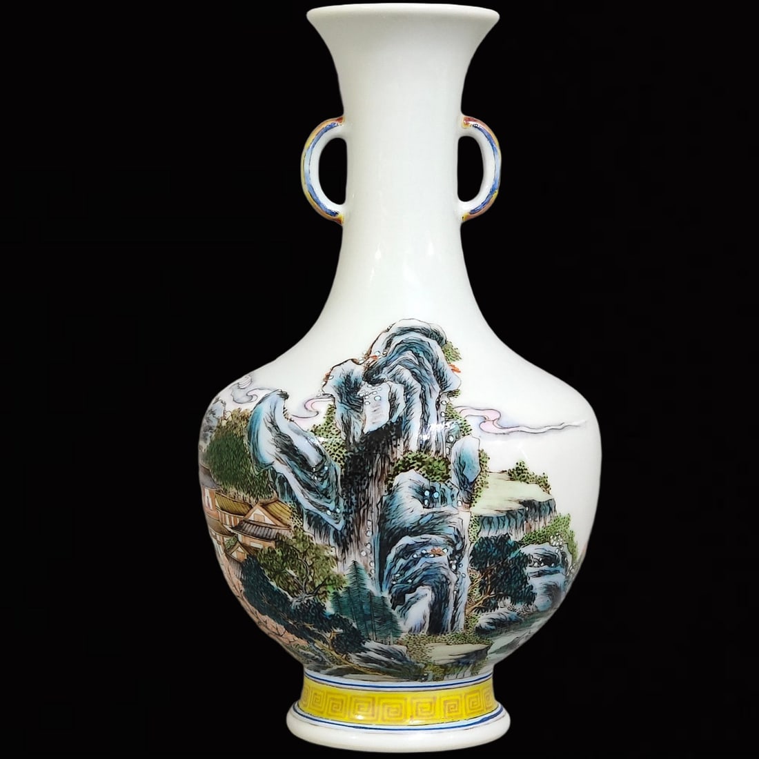 An Exquisite Famille-Rose Landscape Pattern Double-Ears Vase: An Exquisite Famille-Rose Landscape Pattern Double-Ears Vase,Qing Dynasty,China,Yongzheng Six-Character Mark,Size:8.6inx4.7in 粉彩山水纹双耳瓶,中&
