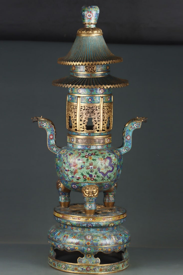 An Exquisite Cloisonne Dragon and Phoenix Pattern Double-Ears and Tripod Censer,with Base (1 of 9)