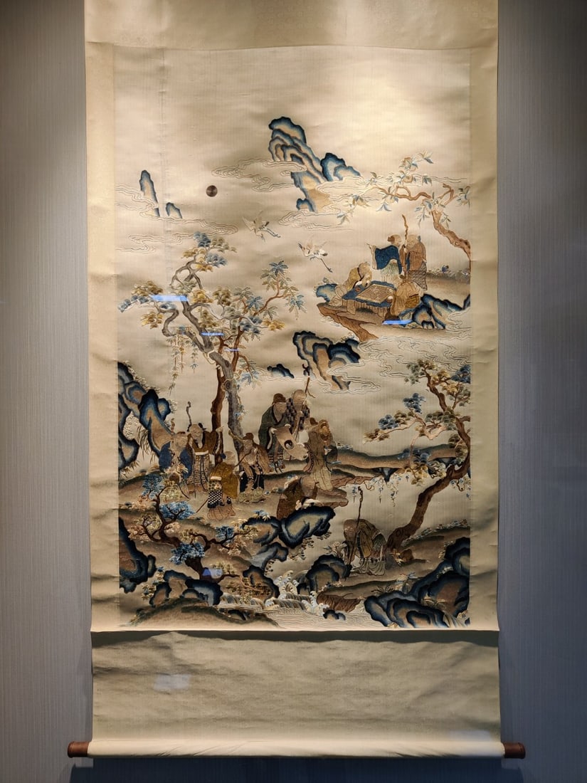A Fine Landscape and Figure Pattern Embroidery: A Fine Landscape and Figure Pattern Embroidery, Qing Dynasty, China,Size:80.7inx37.8in