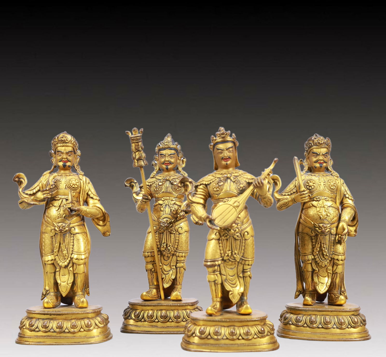 A Set of Solemn Gilt Bronze Statue of Heavenly Kings: A Set of Solemn Gilt Bronze Statue of Heavenly Kings,Ming Dynasty, China,Size:3.5inx2.6inx7.9in Weight:5900g 