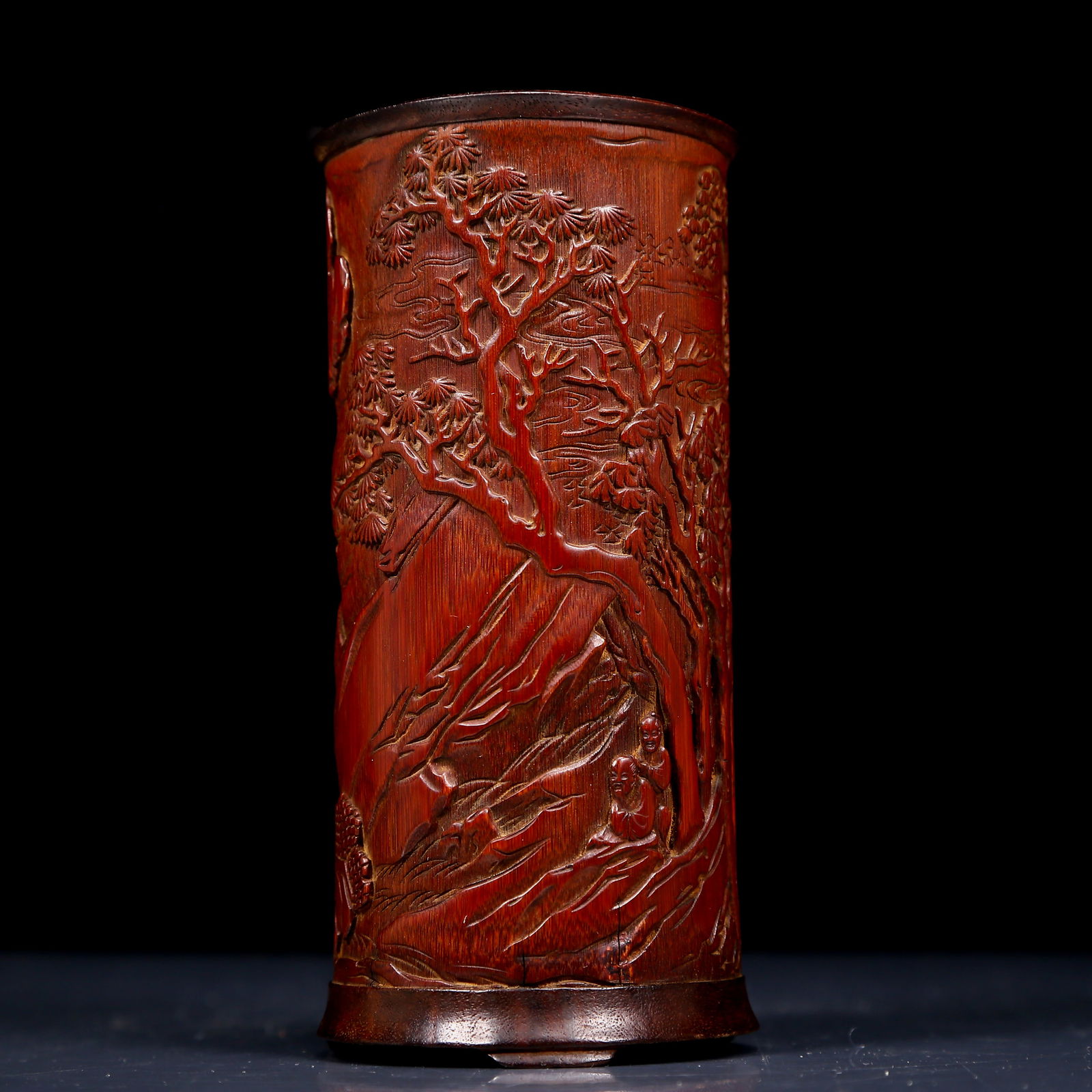 An Exquisite Bamboo Landscape and Figure Pattern Brush Pot: An Exquisite Bamboo Landscape and Figure Pattern Brush Pot,Qing Dynasty, China,With Mark,Size:2.8inx5.9in,Weight:195g 