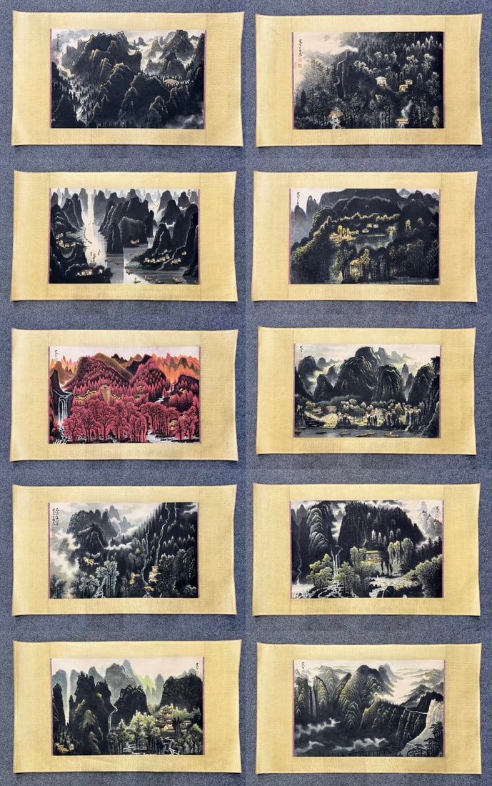 A Set of Chinese Ink Painting of Landscape and Story on Paper: A Set of Chinese Ink Painting of Landscape and Story on Paper,Li Keran,Size:(Without Frame)17.7inx27.2in,(Entirety)39.4inx23.6in 