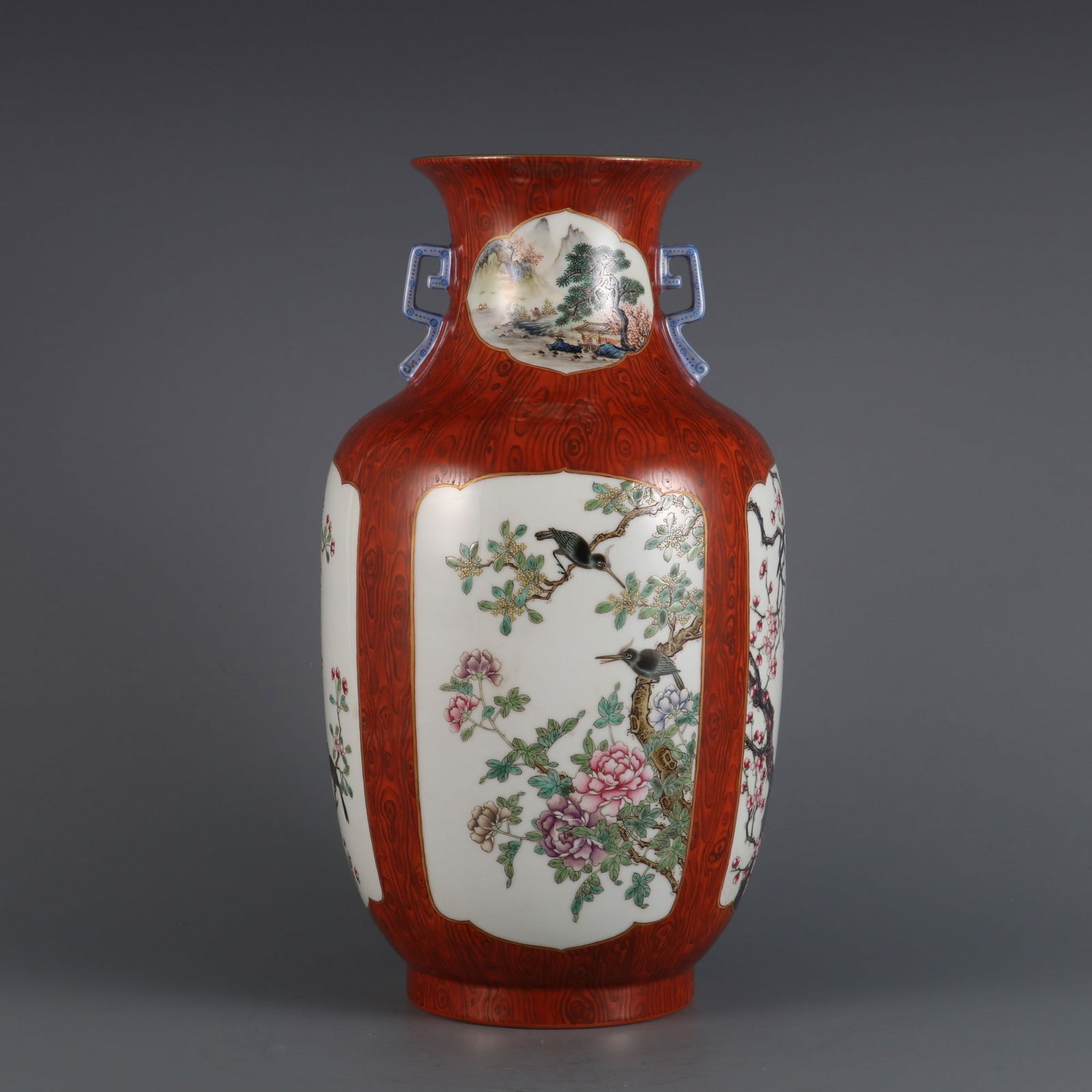 An Exquisite Imitation Wood Grain Glazed Famille-Rose Flower and Bird Pattern Double-Ears Vase: An Exquisite Imitation Wood Grain Glazed Famille-Rose Flower and Bird Pattern Double-Ears Vase,Qing Dynasty,China,Qianlong Six-character Mark,Size:12.4inx6.7in 