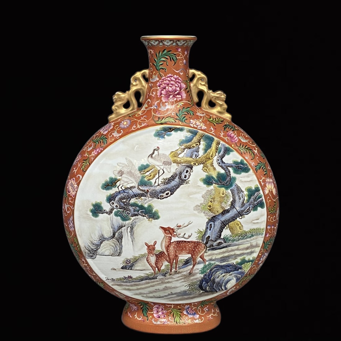 An Exquisite Famille-Rose Pine and Deer Pattern Double-Ears Vase: An Exquisite Famille-Rose Pine and Deer Pattern Double-Ears Vase,Qing Dynasty,China,Qianlong Six-character Mark,Size:22.8inx16.9in 