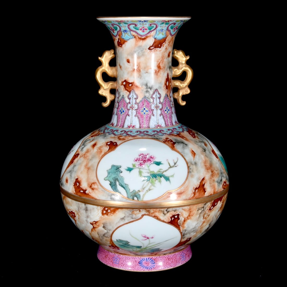 A Rare Imitation Wood Grain Glazed Flower Pattern Double-Ears Vase: A Rare Imitation Wood Grain Glazed Flower Pattern Double-Ears Vase,Qing Dynasty,China,Qianlong Six-Character Mark,Size:12.8inx8.7in 
