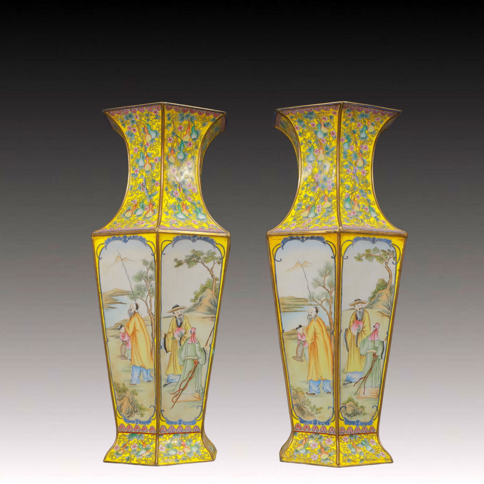 A Pair of Huge Painted Enamel Character and Story Pattern Vases: A Pair of Huge Painted Enamel Character and Story Pattern Vases,Qing Dynasty, China,Qianlong Four-character Mark,Size:6.7inx16.3in,Total Weight:4800g 