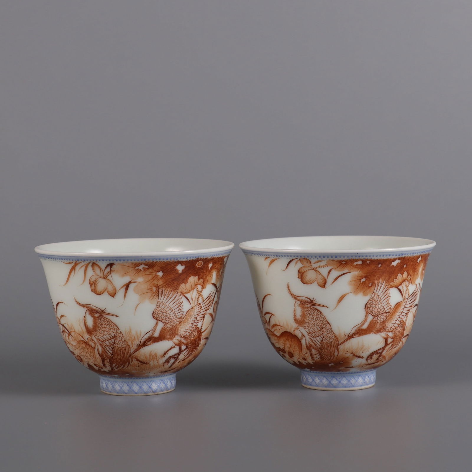 A Pair of Exquisite Iron-Red Flower and Bird Pattern Cups,with poem: A Pair of Exquisite Iron-Red Flower and Bird Pattern Cups,with poem,Qing Dynasty,China,Yongzheng Four-character Mark,Size:2.2inx3in 