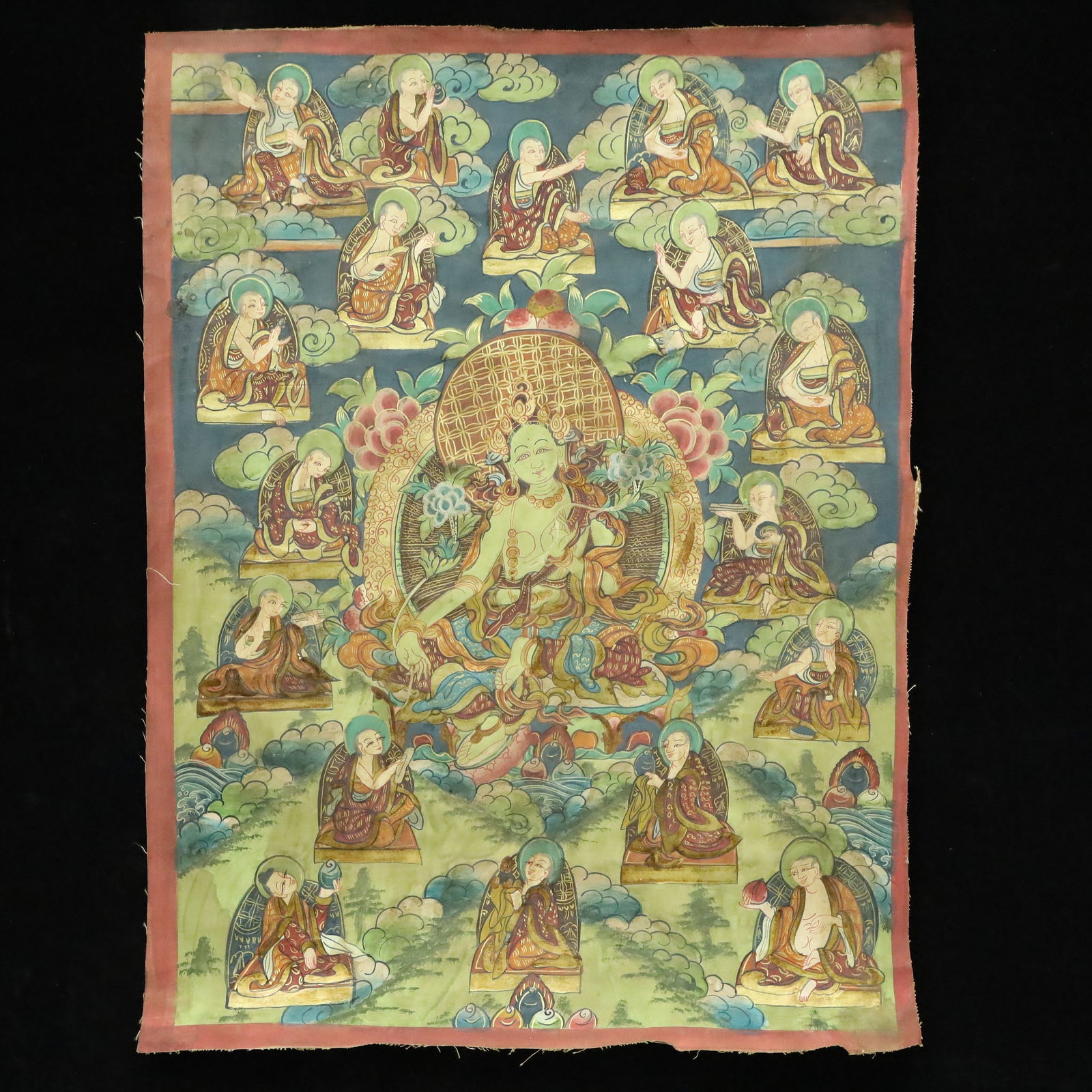 A Rare Brocade Painted Color Statue of Tara Tangka: A Rare Brocade Painted Color Statue of Tara Tangka,Qing Dynasty, China,Size:21.3inx28.7in 织锦彩绘度母像唐卡,中国清代