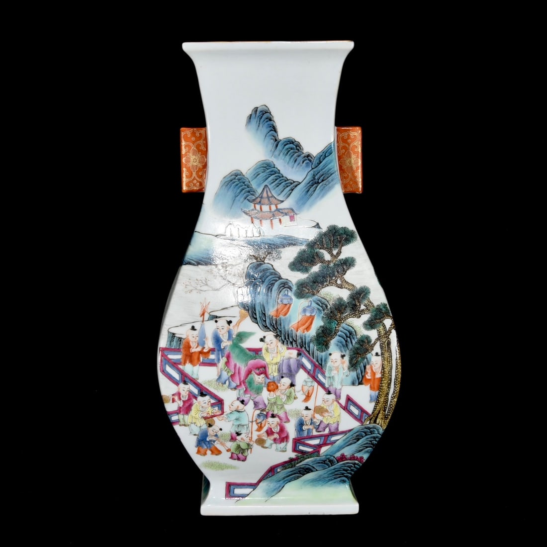 A Rare Famille-Rose Figure and Story Pattern Double-Ears Vase: A Rare Famille-Rose Figure and Story Pattern Double-Ears Vase,Qing Dynasty,China,Qianlong Six-Character Mark,Size:15.4inx7.5inx5.9in 