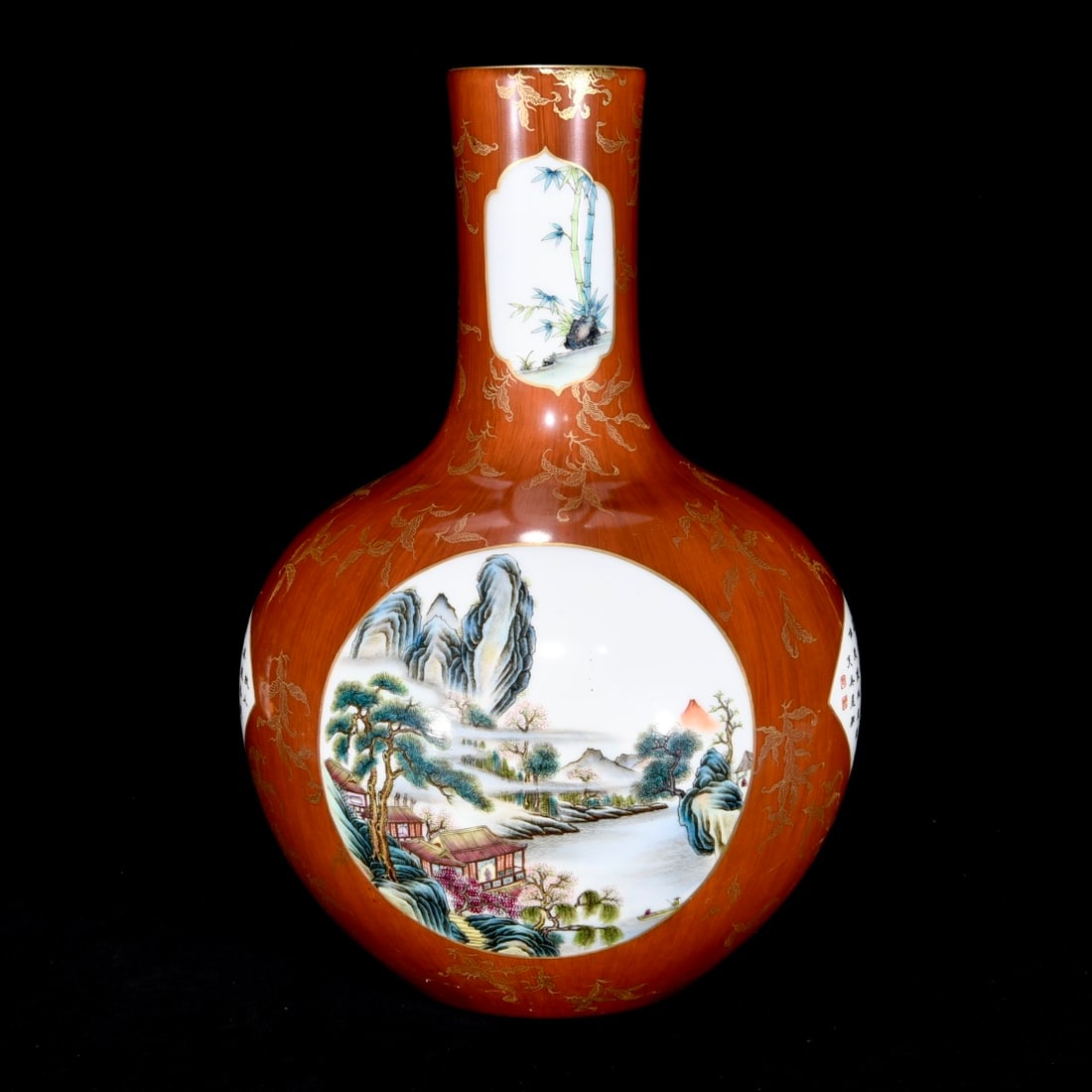 A Huge Imitation Wood Grain Glazed Famille-Rose Landscape Pattern Vase,with Poem: A Huge Imitation Wood Grain Glazed Famille-Rose Landscape Pattern Vase,with Poem,Qing Dynasty,China,Qianlong Six-Character Mark,Size:16.1inx11in 