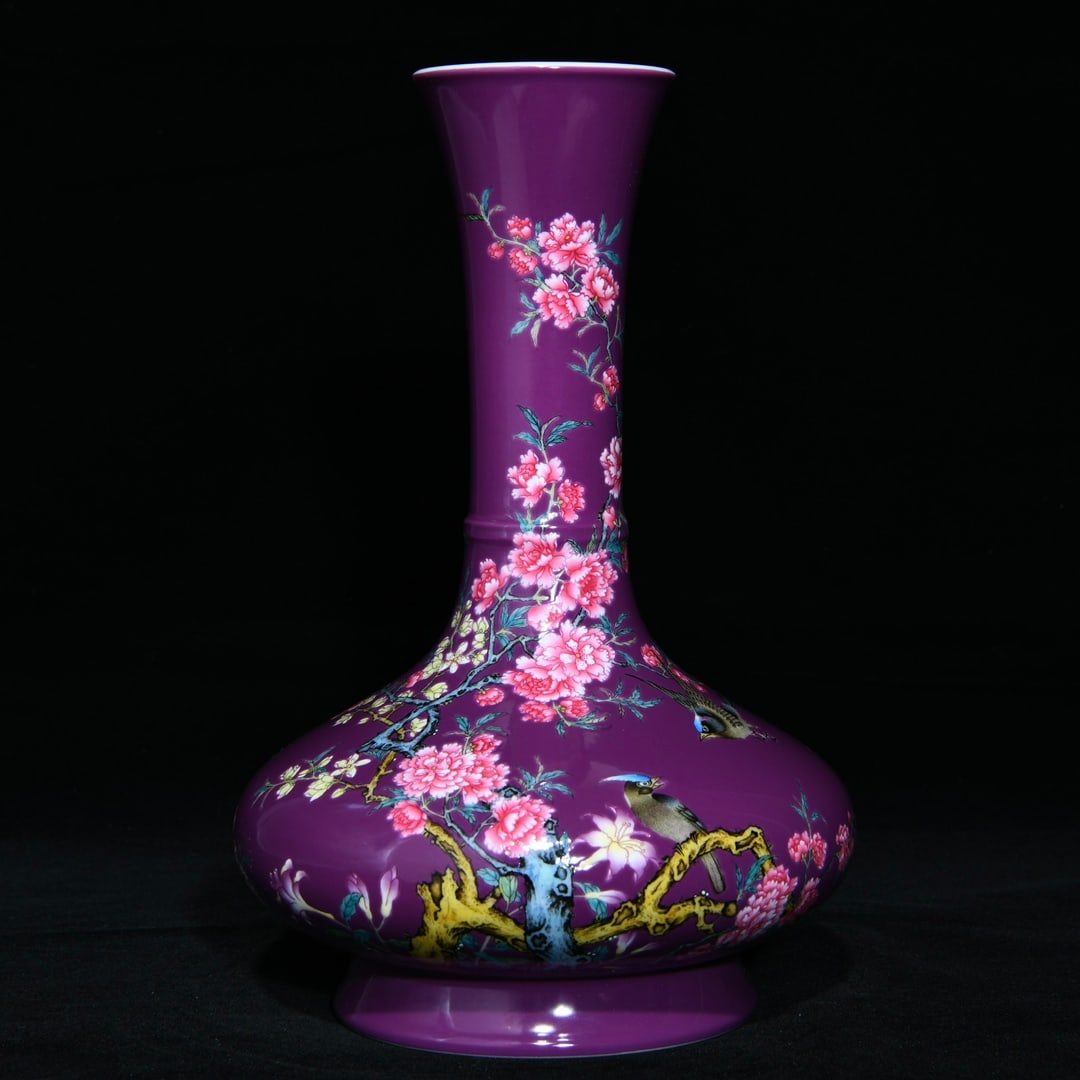 An Exquisite Purple Glazed Famille-Rose Flower and Bird Pattern Vase,with poem: An Exquisite Purple Glazed Famille-Rose Flower and Bird Pattern Vase,with poem,Qing Dynasty,China,Yongzheng Six-character Mark,Size:9.6inx6.3in 