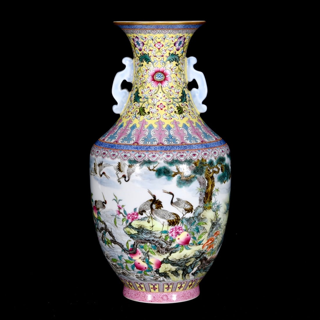 An Exquisite Famille-Rose Pine and Crane Pattern Double-Ears Vase,with Poem: An Exquisite Famille-Rose Pine and Crane Pattern Double-Ears Vase,with Poem,Qing Dynasty,China,Qianlong Six-Character Mark,Size:11.4inx5.9in 