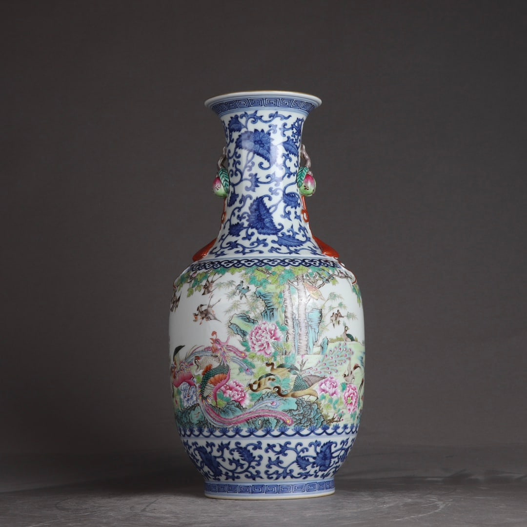 An Exquisite Blue and White Enamel Flower and Phoenix Pattern Double-Ears Vase: An Exquisite Blue and White Enamel Flower and Phoenix Pattern Double-Ears Vase,Qing Dynasty,China,Qianlong Six-character Mark,Size:13.4inx6.3in 