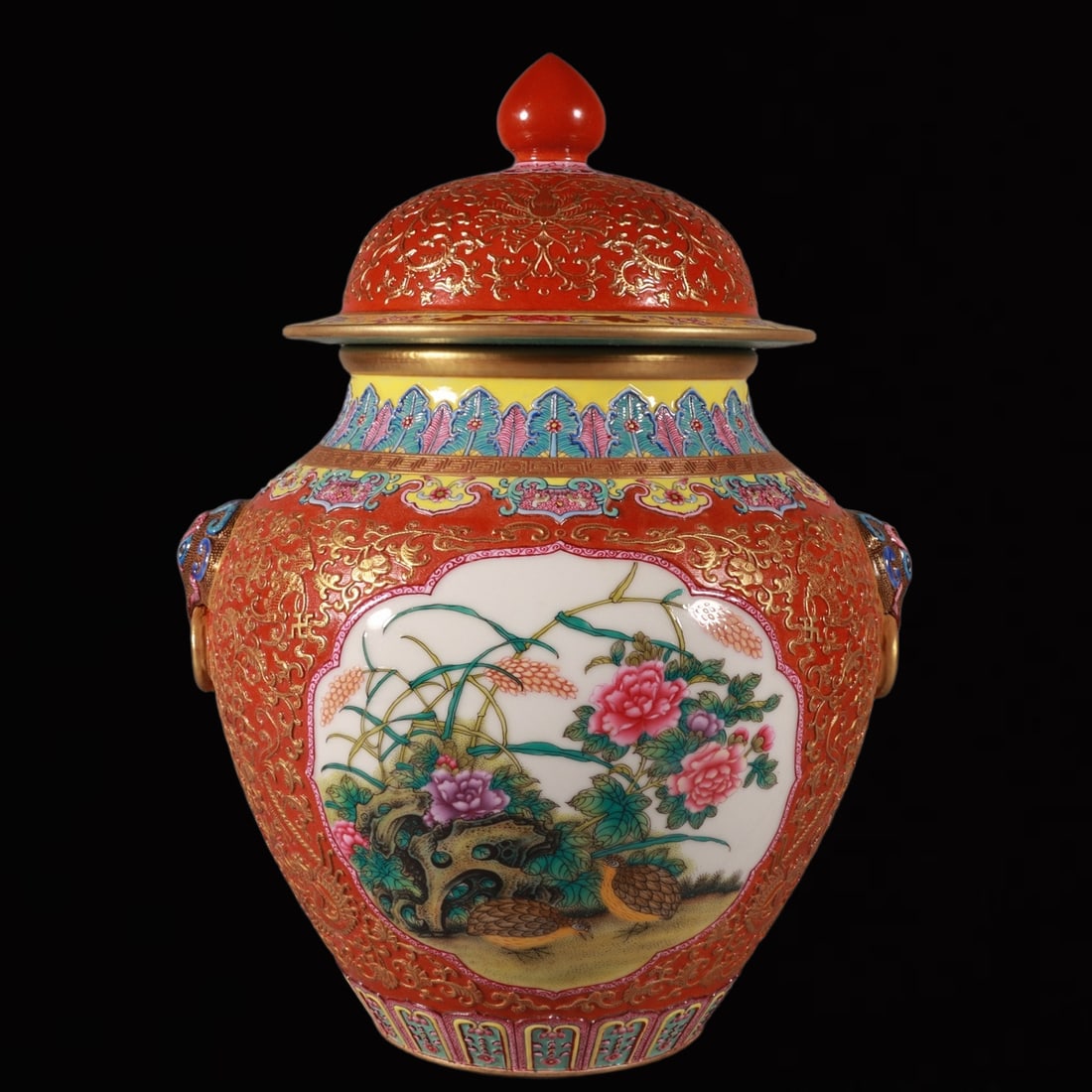 An Exquisite Enamel Iron-Red Painted Gold Flower and Bird Pattern Beast-Ears Jar with Cover: An Exquisite Enamel Iron-Red Painted Gold Flower and Bird Pattern Beast-Ears Jar with Cover,Qing Dynasty, China,Qianlong Six-character Mark,Size:11.4inx7.9in 珐琅彩矾红&#