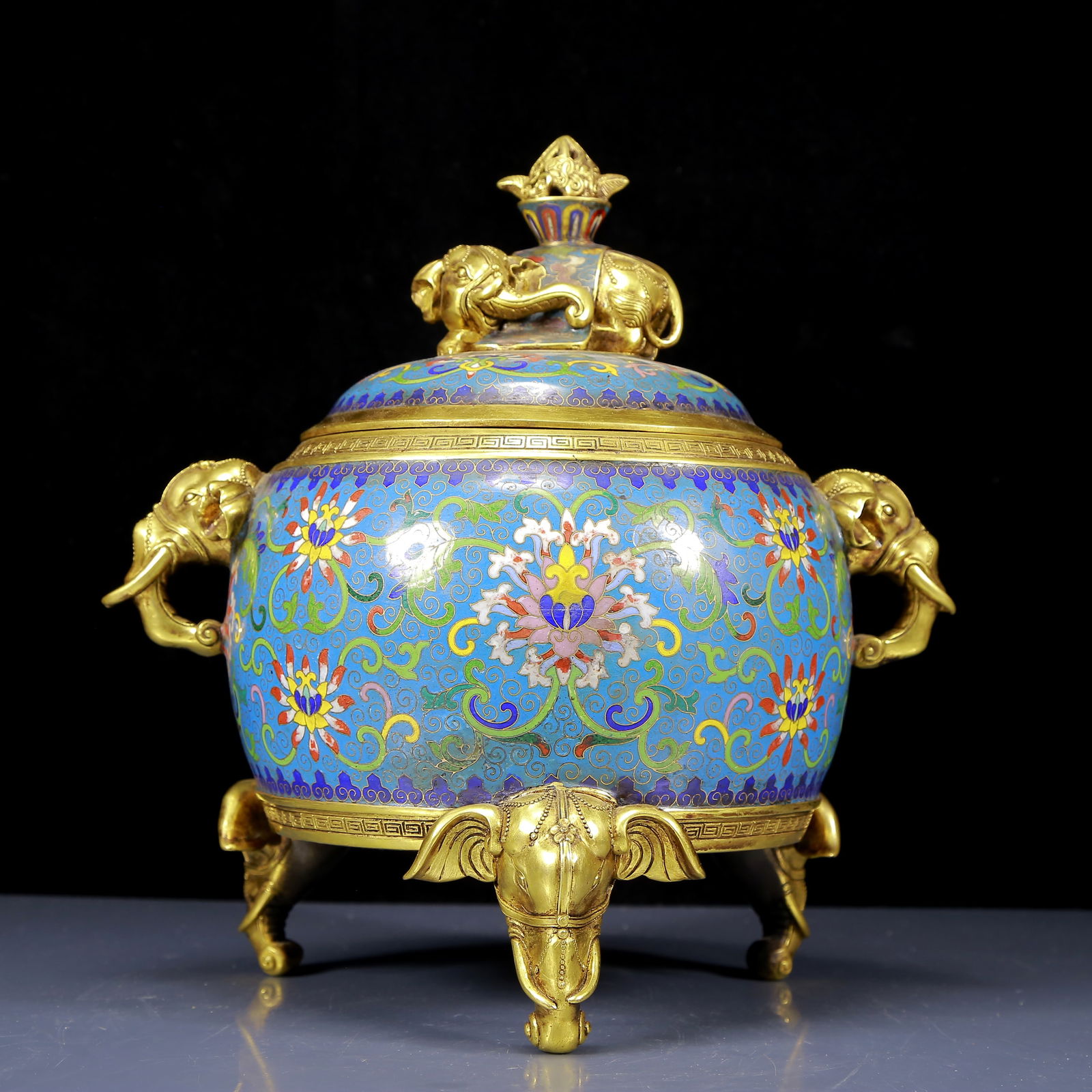 A Rare Cloisonne Lotus Pattern Elephant-Ears Tripod Censer: A Rare Cloisonne Lotus Pattern Elephant-Ears Tripod Censer,Qing Dynasty, China,Xuande Four-character Mark,Size:11.8inx7.9inx8.3in,Weight:5580g 