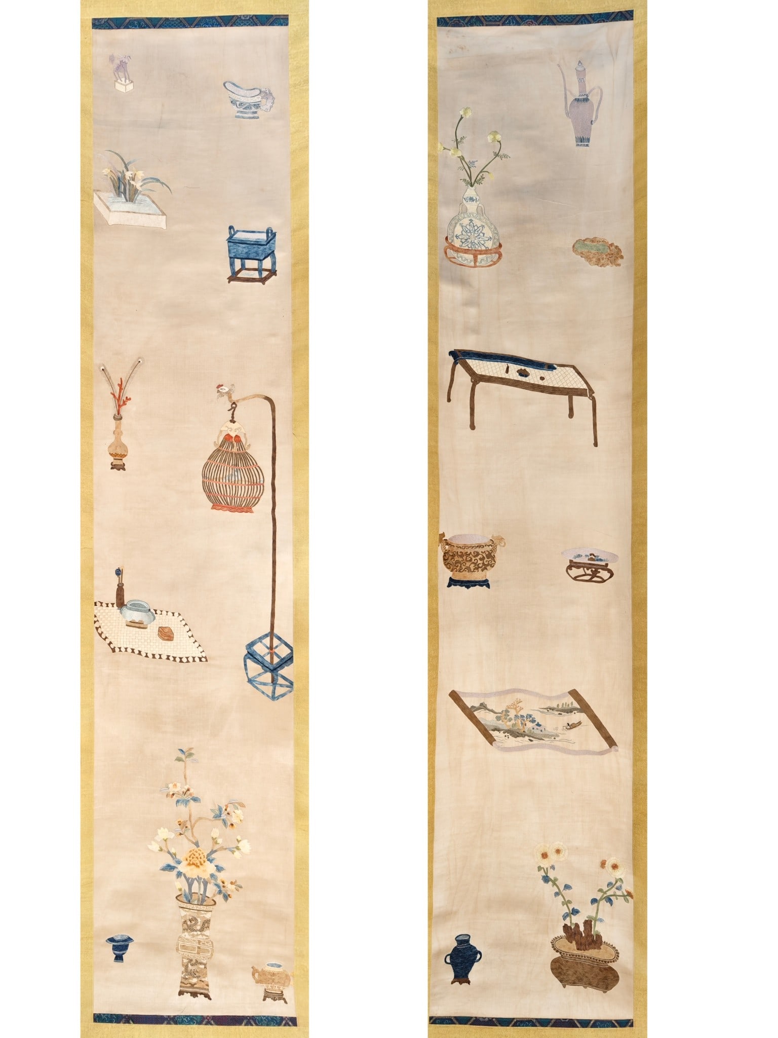 A pair of Su embroidery bogu pictures: pair of Su embroidery bogu pictures in Qing Dynasty. Size: 69.7in×14in 清代 苏绣博古图一对