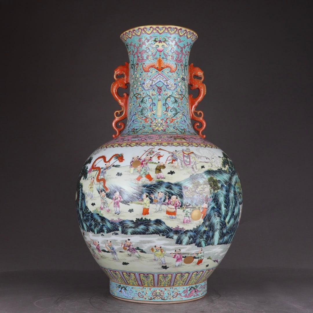 An Exquisite Green Ground Enamel Character and Story Pattern Double-Ears Vase: An Exquisite Green Ground Enamel Character and Story Pattern Double-Ears Vase,Qing Dynasty,China,Qianlong Six-character Mark,Size:24.4inx13.8in 