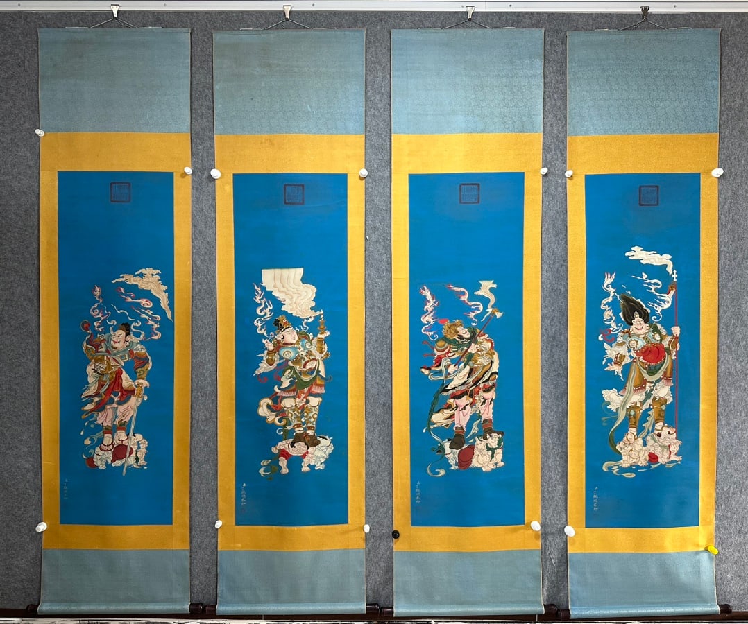 A Set of Chinese Vertical Scroll Ink Painting of Figure on Silk: A Set of Chinese Vertical Scroll Ink Painting of Figure on Silk,Ding Guanpeng,Size:17.3inx53.5in 