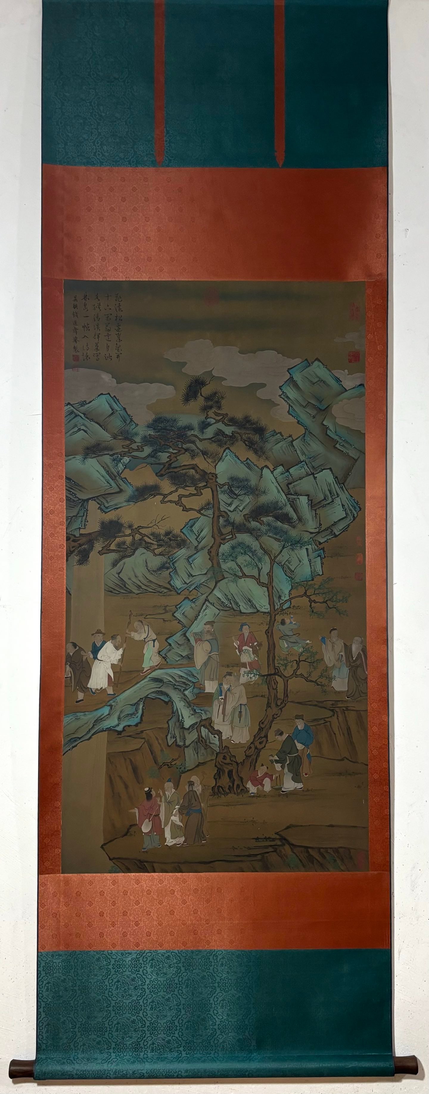 A Chinese Vertical Scroll Ink Painting of Character and Story on Silk: A Chinese Vertical Scroll Ink Painting of Character and Story on Silk,Qian Xuan,Size:48.8inx25.2in 