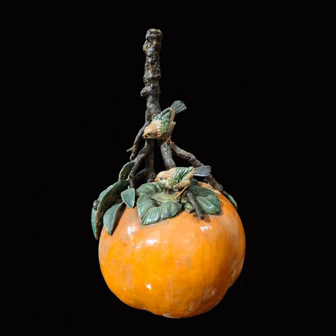 An Exquisite Shiwan yao Persimmon Ornament: An Exquisite Shiwan yao Persimmon Ornament,Qing Dynasty, China,Size:12.6inx12.6inx21.3in 石湾窑柿子摆件,中国清代