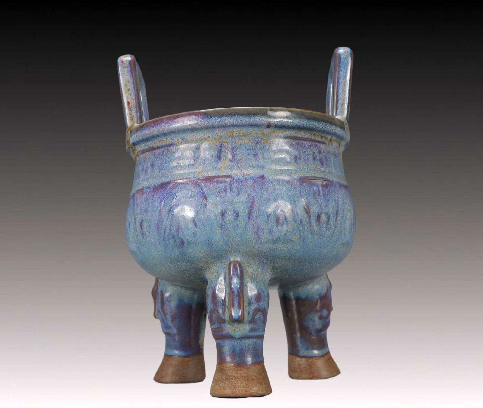 An Exquisite Jun yao Beast-Face Pattern Double-Ears and Tripod Censer: An Exquisite Jun yao Beast-Face Pattern Double-Ears and Tripod Censer,Song Dynasty, China,Size:8.3inx7.9inx11.8in,Weight:2500g 钧窑兽面纹双耳三足&