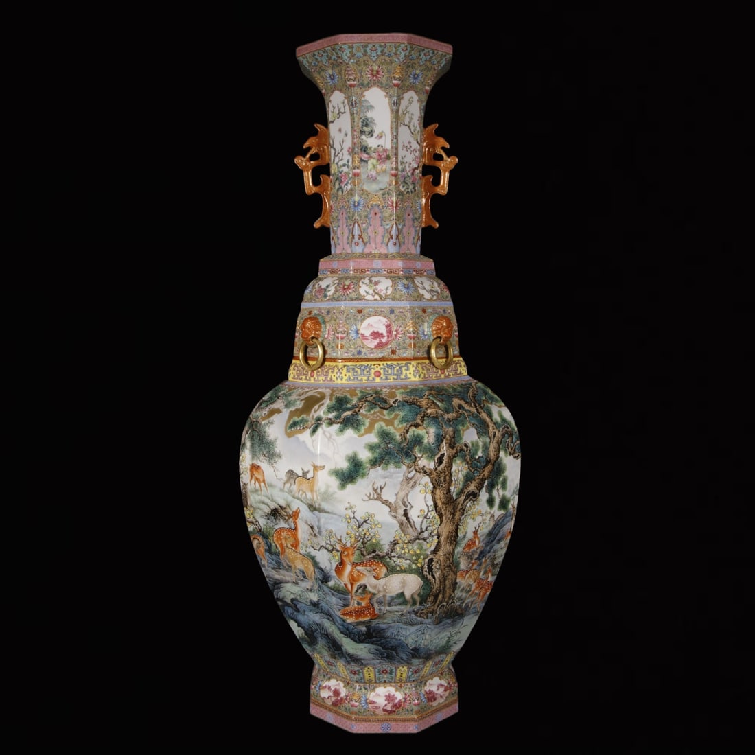 An Exquisite Enamel Pine and Deer Pattern Double-Ears Vase: An Exquisite Enamel Pine and Deer Pattern Double-Ears Vase,Qing Dynasty,China,Qianlong Four-character Mark,Size:36.6inx8.3in 珐琅彩松鹿纹双耳瓶,&#