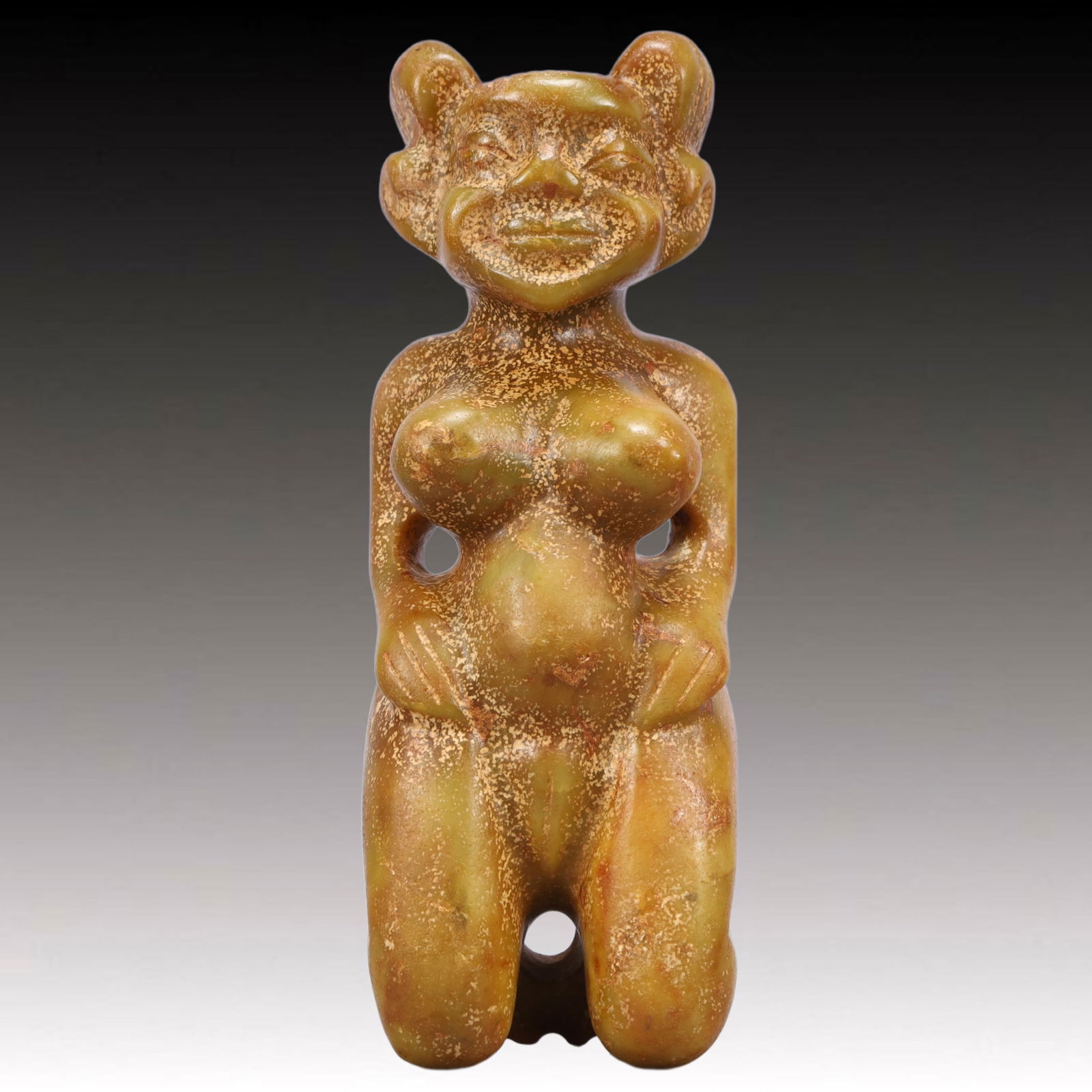 An Archaic Hongshan Culture Yellow Jade Figure Ornament: An Archaic Hongshan Culture Yellow Jade Figure Ornament,Ancient Time, China,Size:3.1inx2.4inx8.7in Weight:1600g 