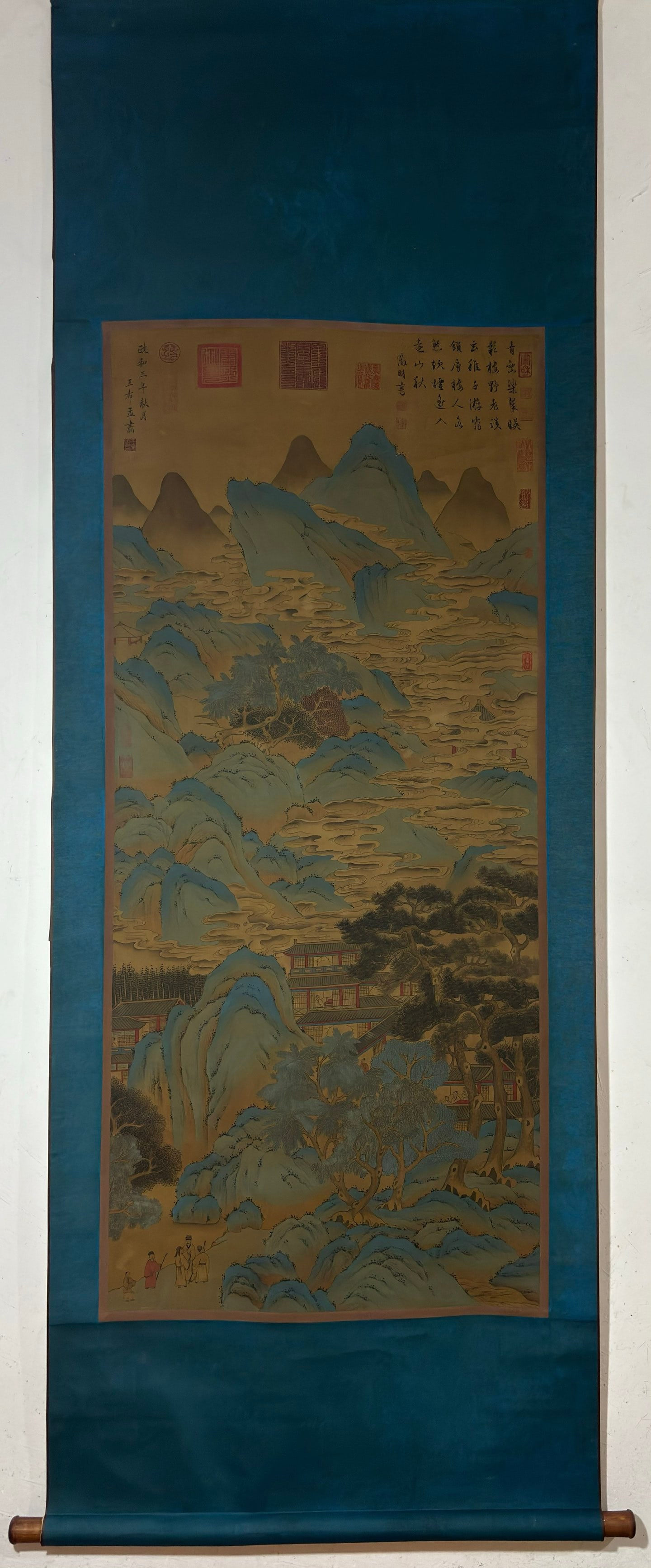 A Chinese Vertical Scroll Ink Painting of Landscape on Silk: A Chinese Vertical Scroll Ink Painting of Landscape on Silk,Wang Ximeng,Size:55.9inx24.6in 一幅中国水墨绢本山水画立轴,