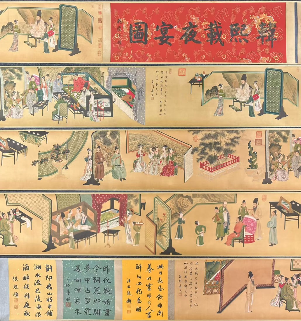 A Chinese Hand Scroll Ink Painting of Character and Story on Silk: A Chinese Hand Scroll Ink Painting of Character and Story on Silk,Tang Yin,Size:(entirety) 424.4inx18.9in,(Without frame)289inx17.9in 