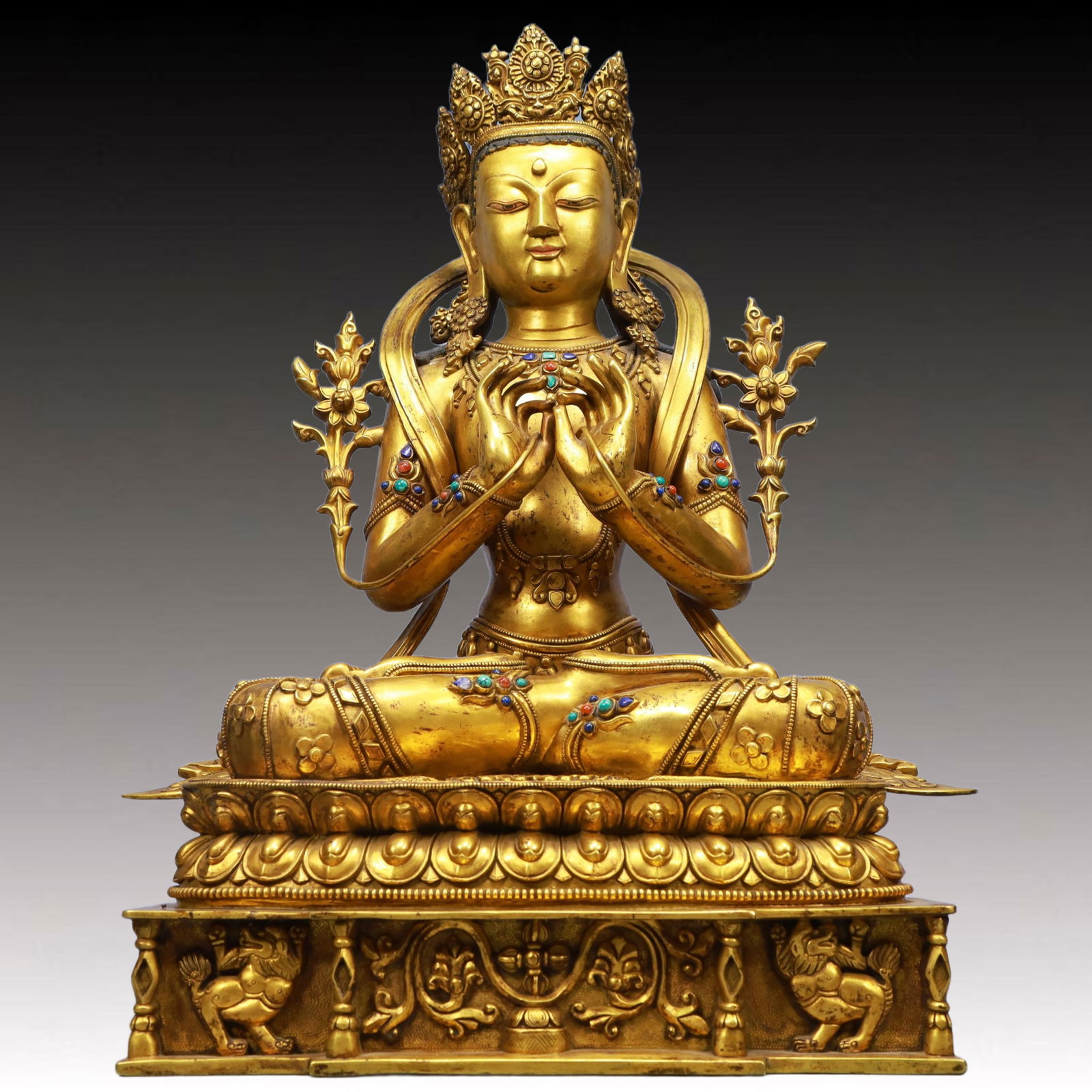 A Solemn Gilt Bronze Statue of Tara, Inlaid Gems, With Inscription: A Solemn Gilt Bronze Statue of Tara, Inlaid Gems, With Inscription,Qing Dynasty, China,Qianlong Mark,Size:13.8inx9.8inx21.3in,Weight:17450g 
