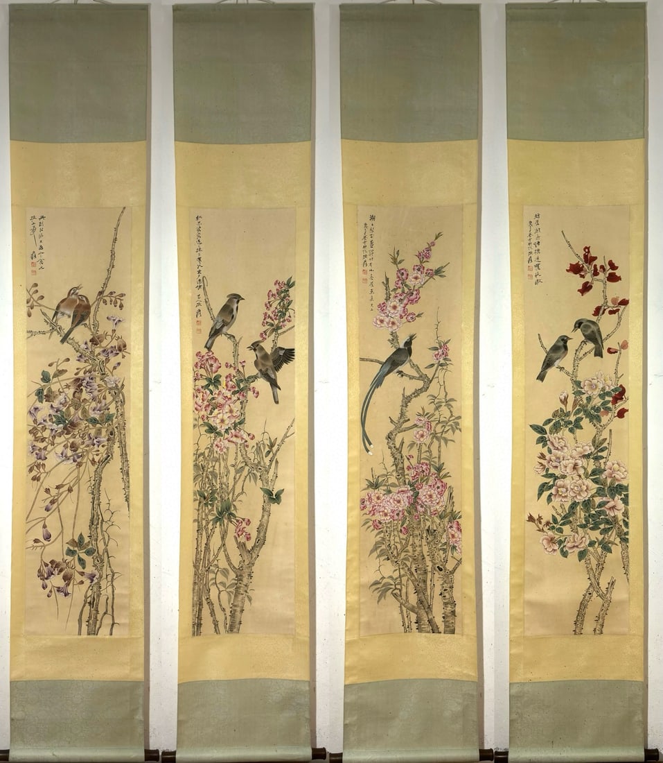 A Set of Chinese Vertical Scroll Ink Painting of Flower and Bird on Paper: A Set of Chinese Vertical Scroll Ink Painting of Flower and Bird on Paper,Zhang Daqian,Size:50.6inx12.4in*4 一套中国水墨花鸟画立轴,
