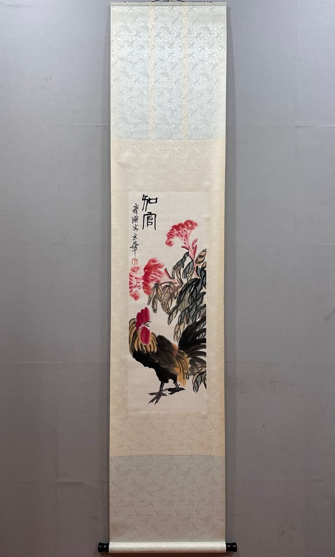 A Chinese Vertical Scroll Ink Painting of Flower and Rooster on Paper: A Chinese Vertical Scroll Ink Painting of Flower and Rooster on Paper,Qi Baishi,Size:13inx36.6in 